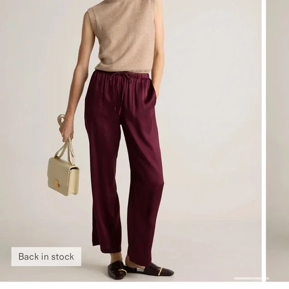 Quince Women 100% Washable Silk Drawstring Wide Leg Pants Wine Red XL - Picture 2 of 9